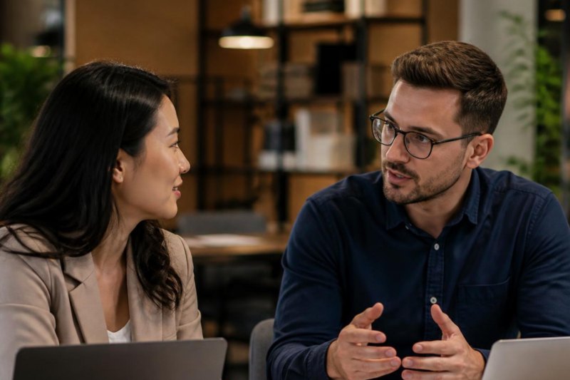 Two colleagues talking across a desk in an open-plan office, laptops open in front of them, one of them mid-sentence with both hands raised.